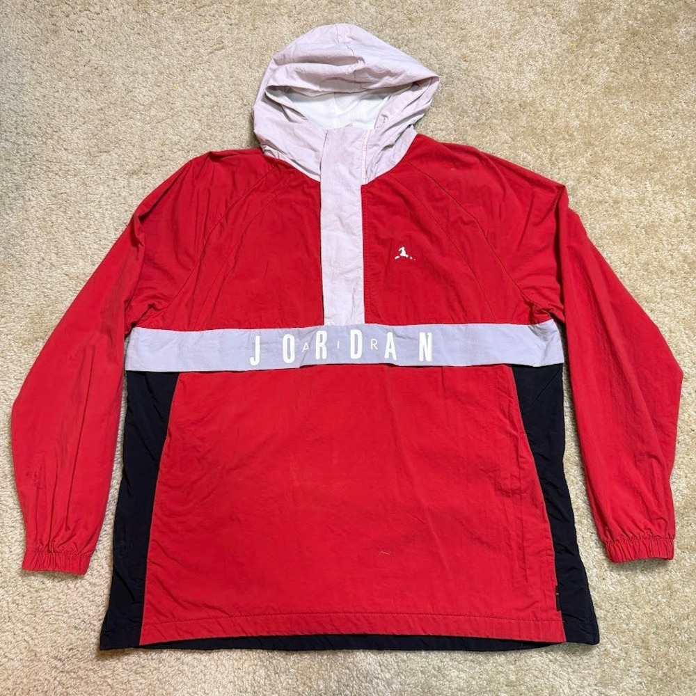 Jordan Mens Red Black Colorblock Anorak Windbreaker Pullover Jacket Large